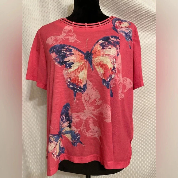 Alfred Dunner Short Sleeve Pink Butterfly Print T-shirt Tee Size Petite Large - Picture 1 of 8